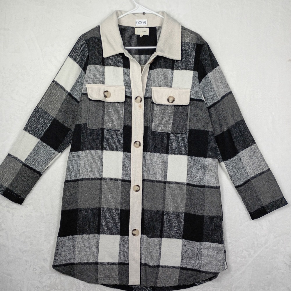 Melloday Plaid Shacket Longline Buffalo Check Corduroy Trim Grey Black White L‎